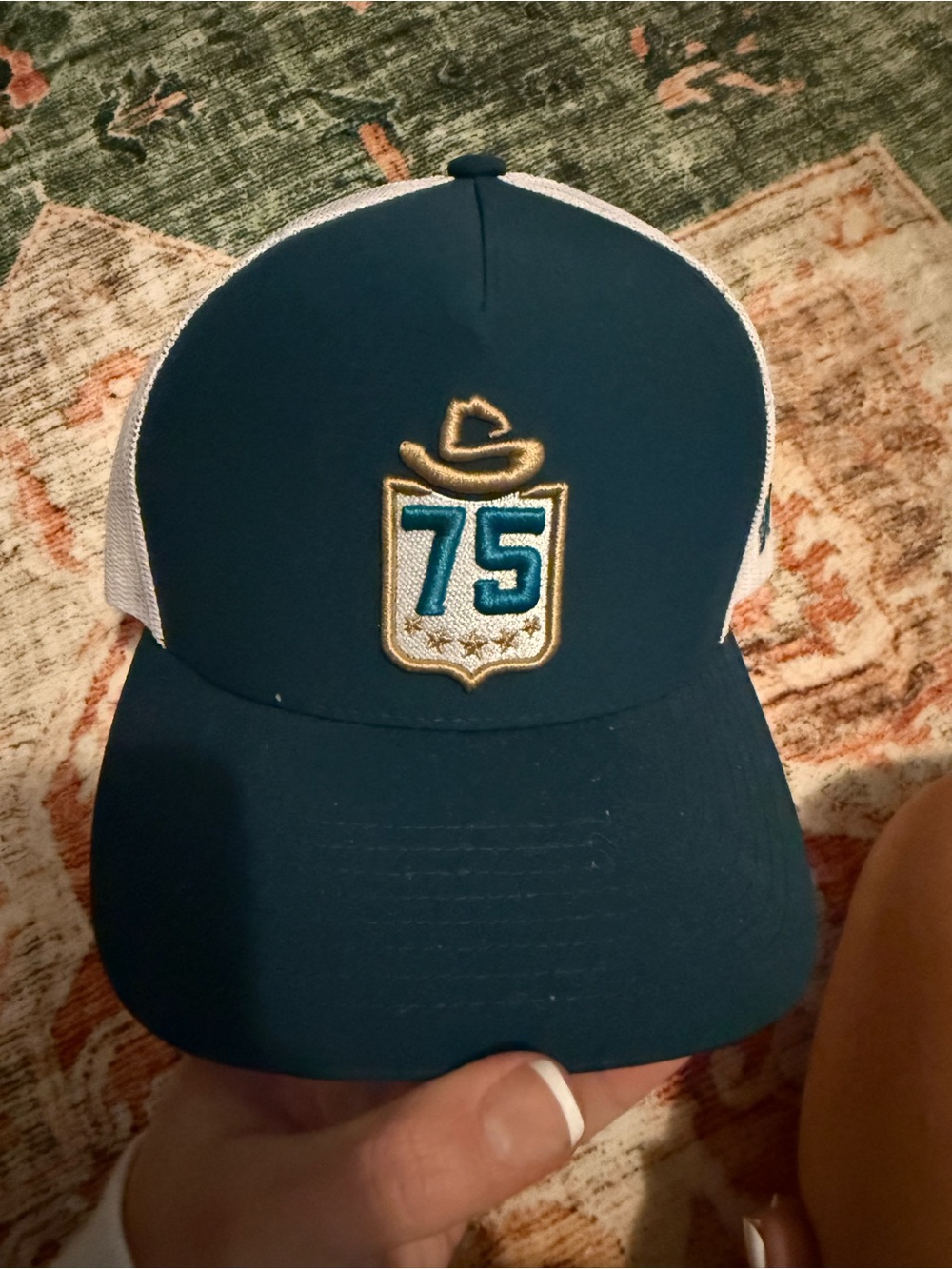 Hooey Teal and White Trucker Hat with Gold & Teal 75 Patch